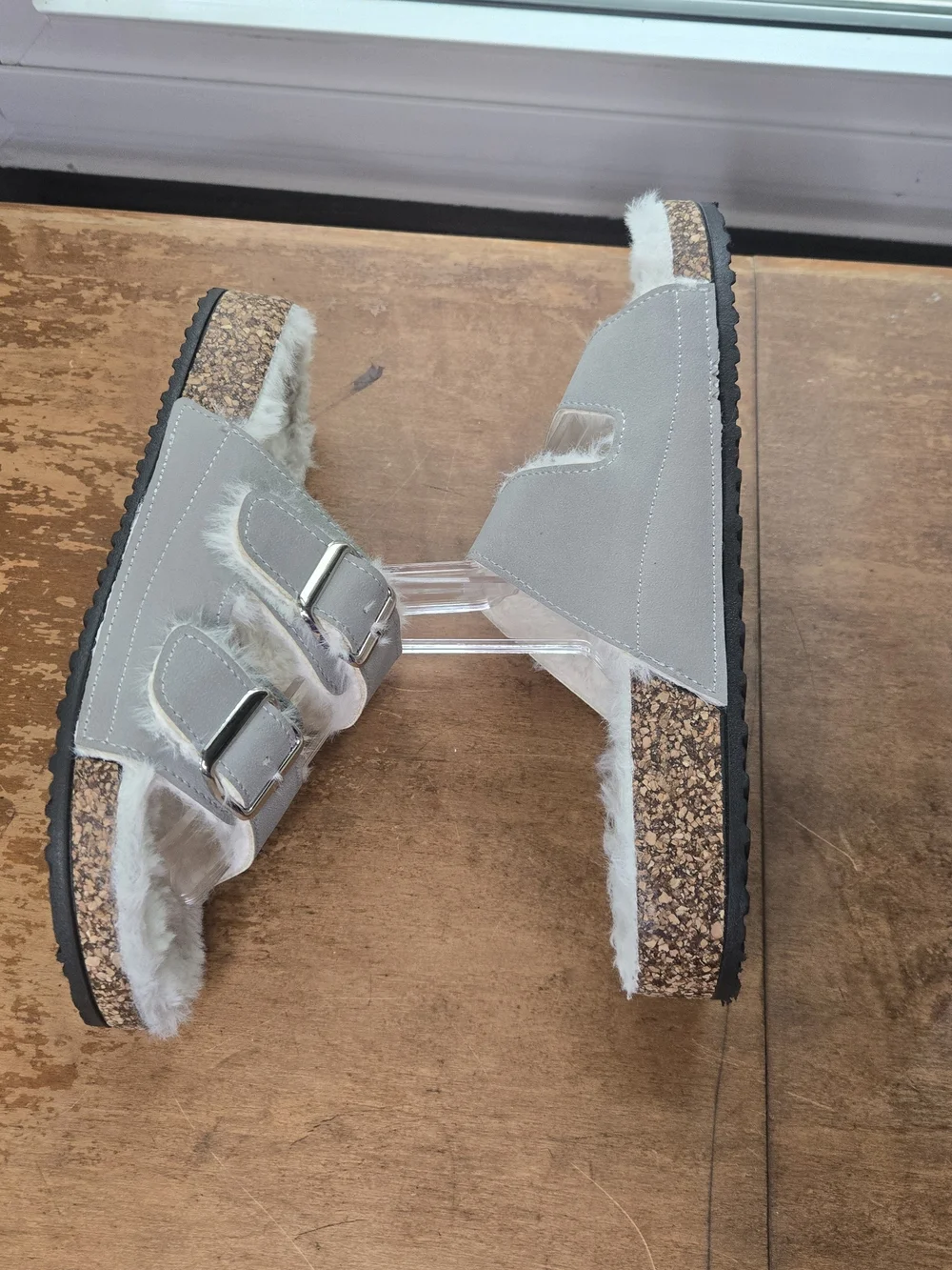 Nicole Miller Womens Gray Two Strap Faux Shearling Cork Slides Sz 8